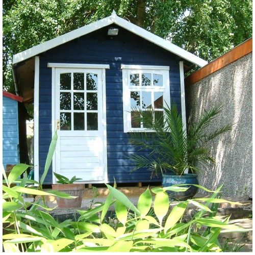 Blue Shed with White Windows